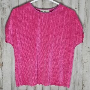 Lana Lee Vintage Bright Pink Crinkle Cap Sleeve 90s Y2K Scalloped Shirt Small